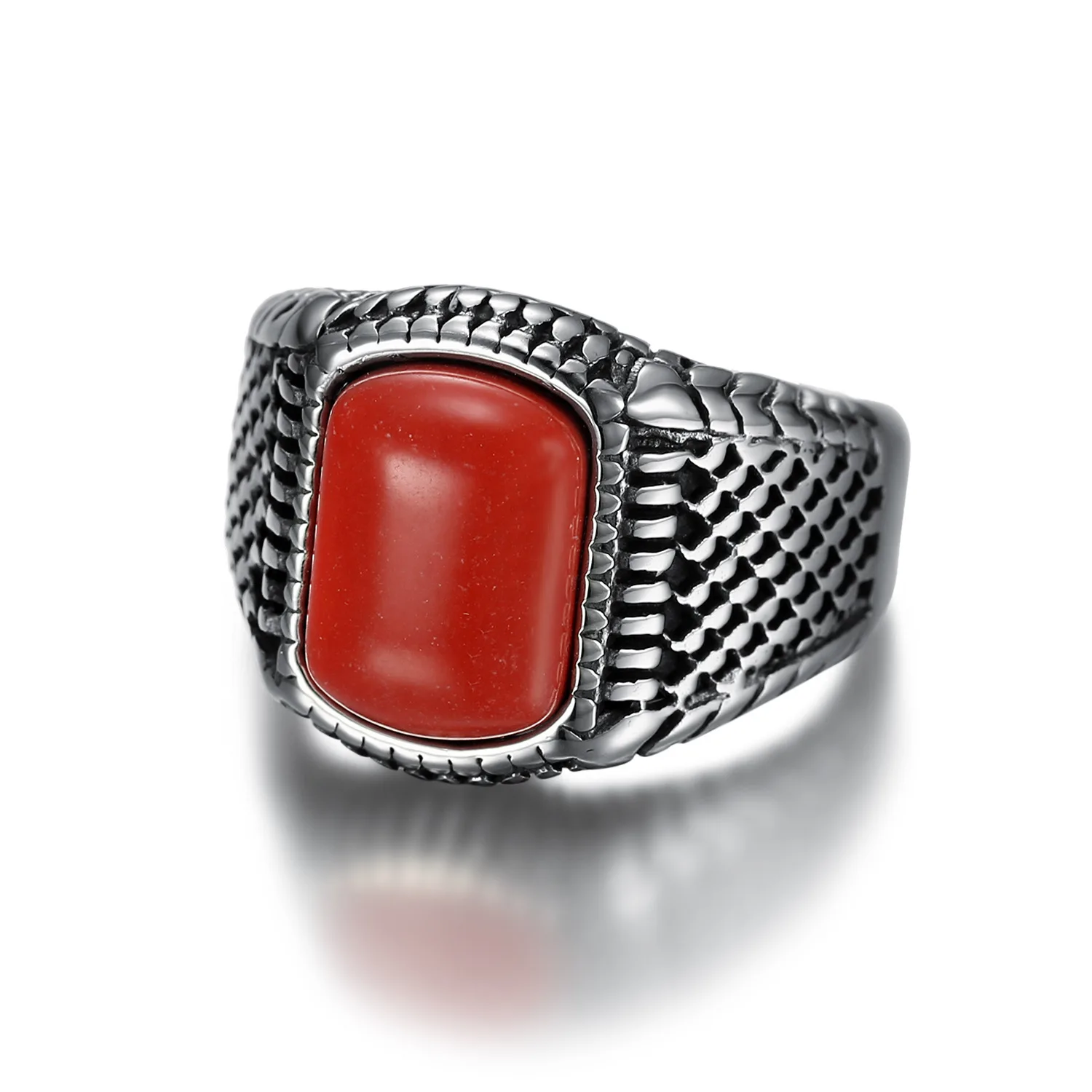 Vintage Polished INS Wind Red Coral Gem Business Men's Rings Titanium Steel Jewelry Size 7-15