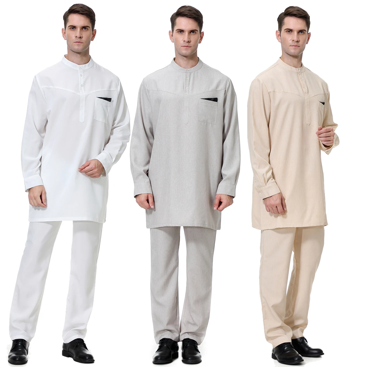 2 PCS Muslim Men Long Sleeves Chinese Collar Packet Color Contrast Robe Long Pants  Arab Male Thobe Ramadan Eid Clothes