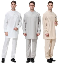 2 Stuks Moslim Mannen Lange Mouwen Chinese Kraag Pakket Kleur Contrast Gewaad Lange Broek Arabische Mannelijke Thobe Ramadan Eid Kleding