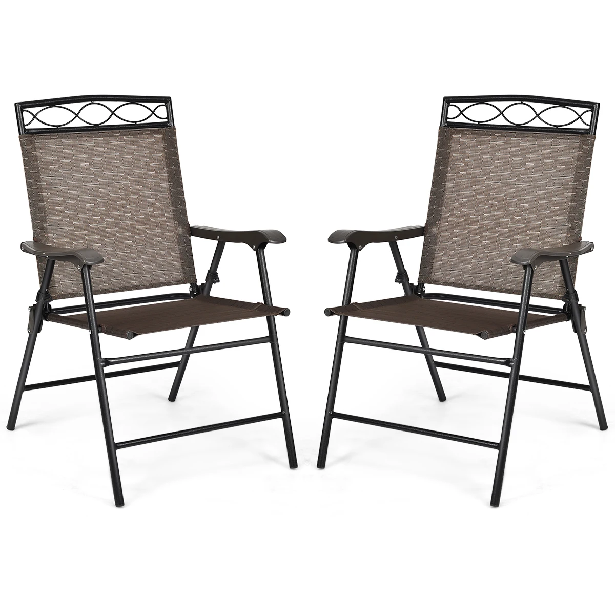 

Set of 2 Patio Folding Chairs Sling Portable Dining Chair Set w/ Armrest