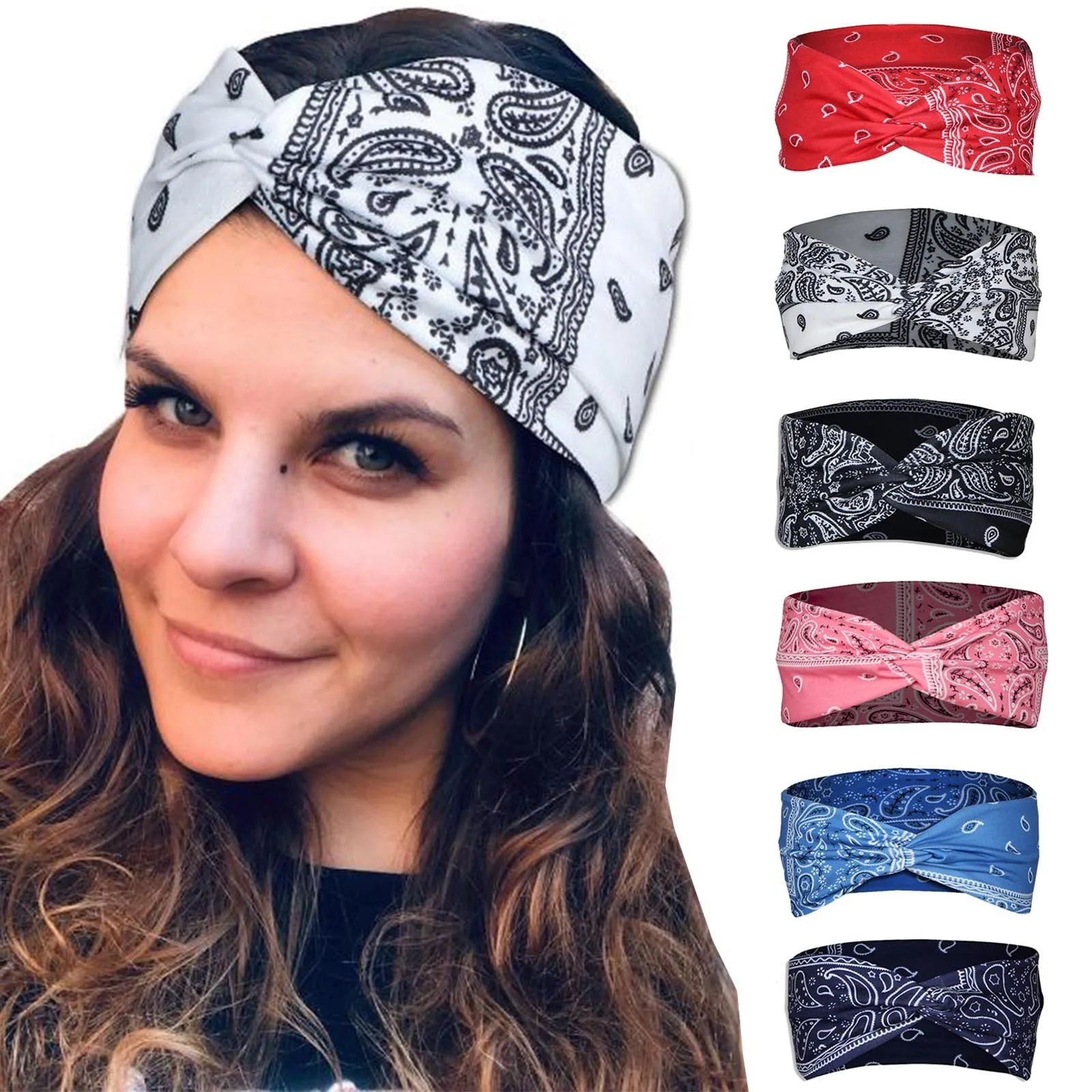 

Boho Flower Print Wide Headbands Vintage Knot Elastic Turban Headwrap For Women Girls Cotton Soft Bandana Hair Accessories