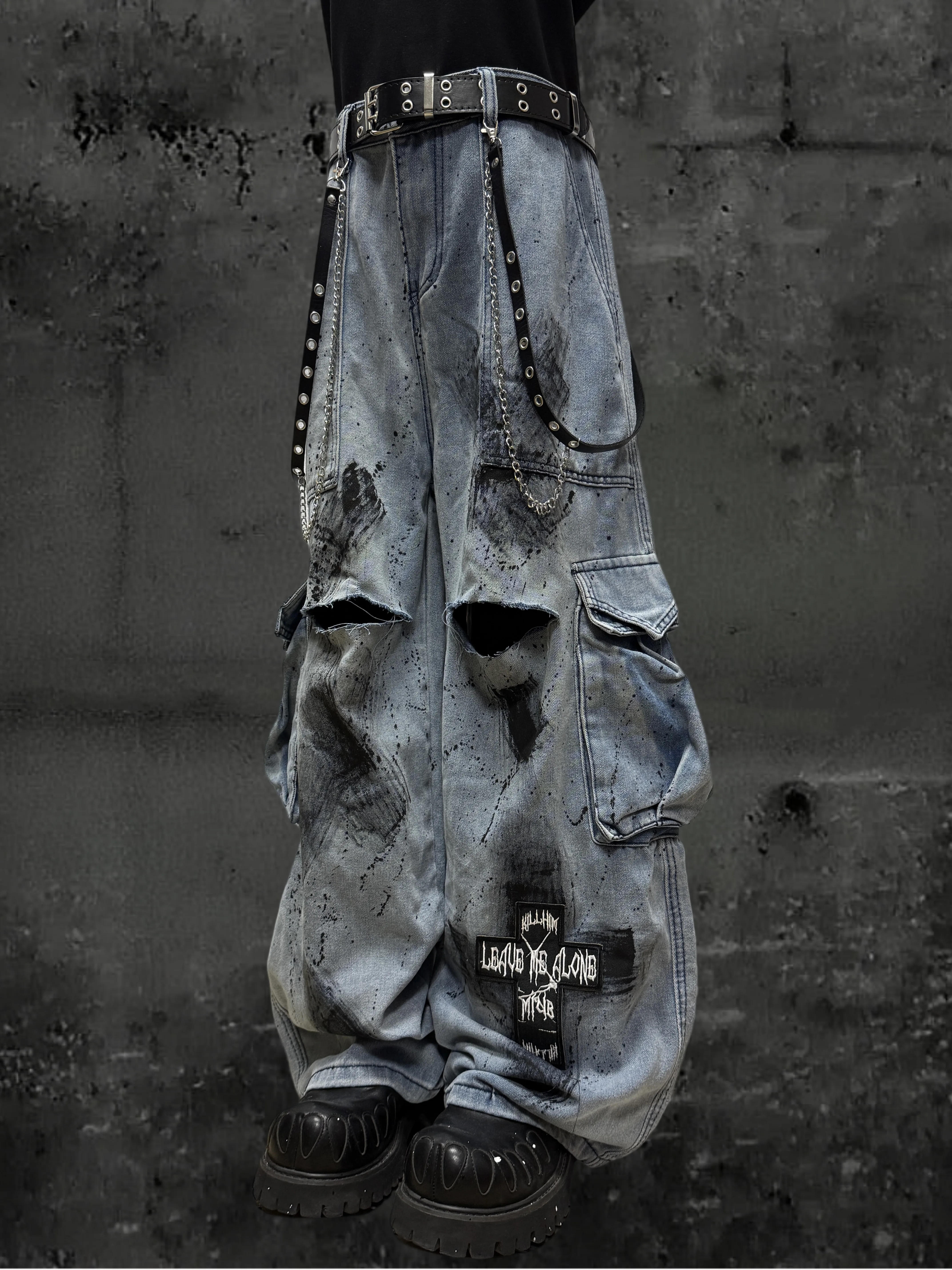 Japanese Street Pocket Graffiti Jeans Men's and Women's Waste Soil Wind Splash-Ink Ripped Wide-Legged Overalls Autumn