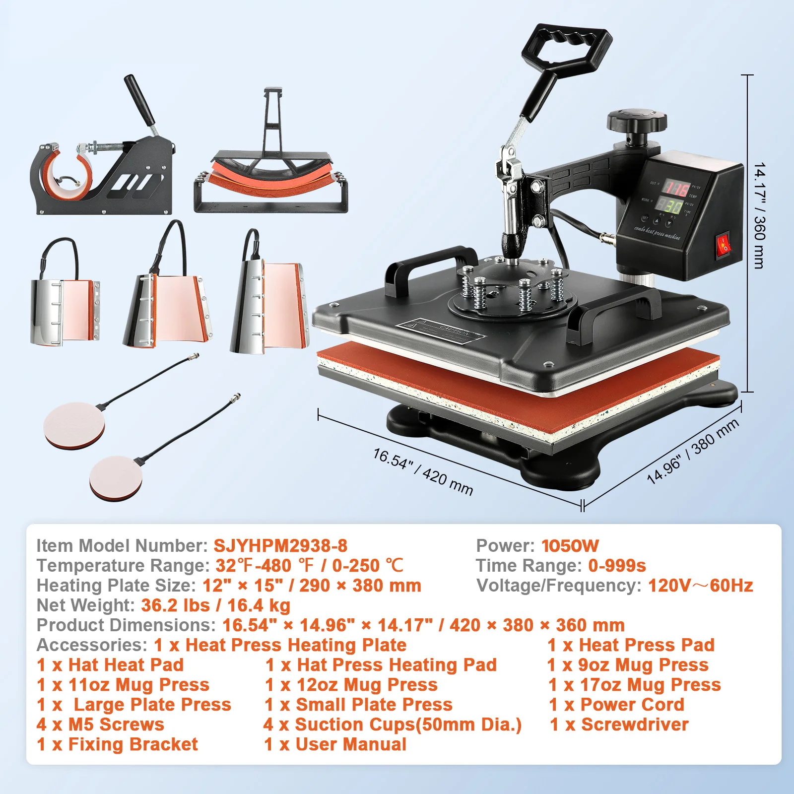 SucceBuy 5 6 8 in 1 Warmte Persmachine T-shirt Warmteoverdracht Printer Muntifunctionele Sublimatie Mok/Latte Mok/Hoed/Plaat/Fles