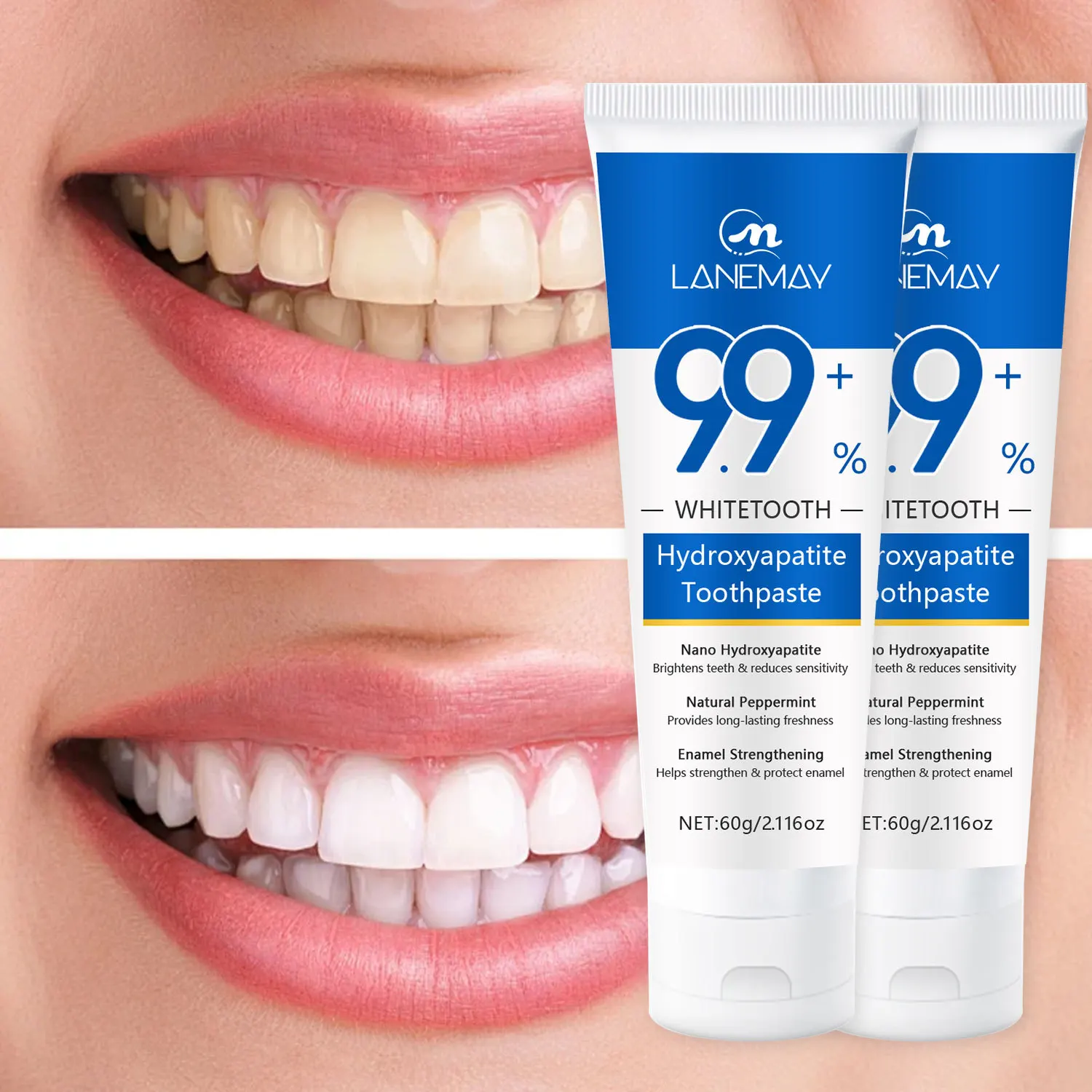 Hydroxyapatite Toothpaste - Deeply Cleans and Whitens Teeth, Reduces Tooth Sensitivity, and Freshens Breath 60g