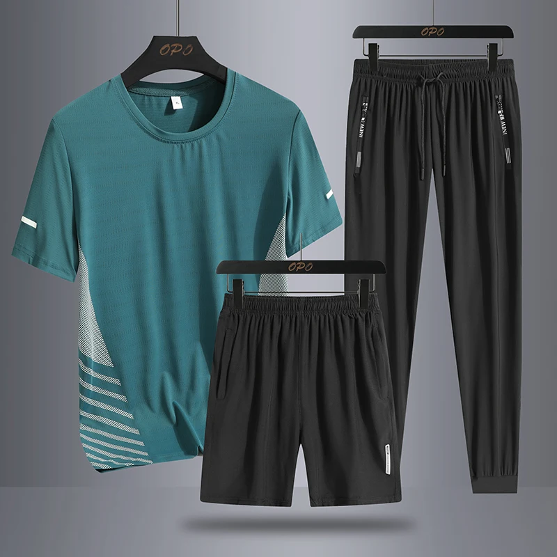 Summer men\'s sports running three piece set with round neck, short sleeved T-shirt, shorts, long pants, loose ice silk set