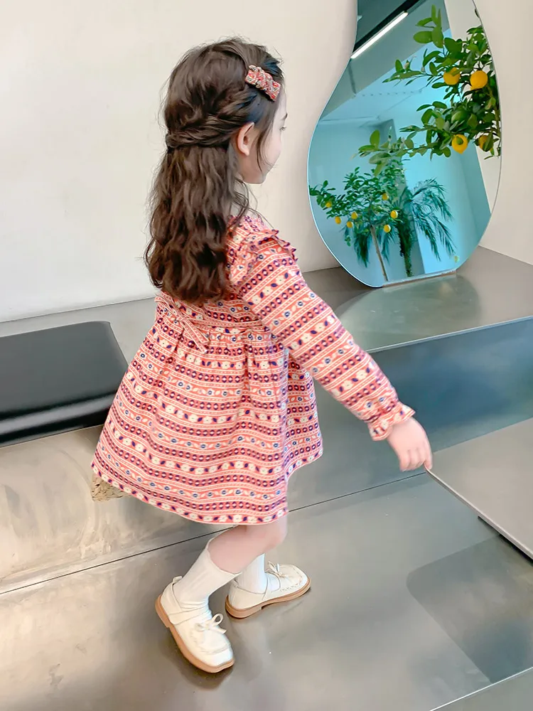 Princ Sle Long Sve 花柄プリント コットン Dr 女の子用 秋シーズン 子供服 スイート Sle ミディスカート