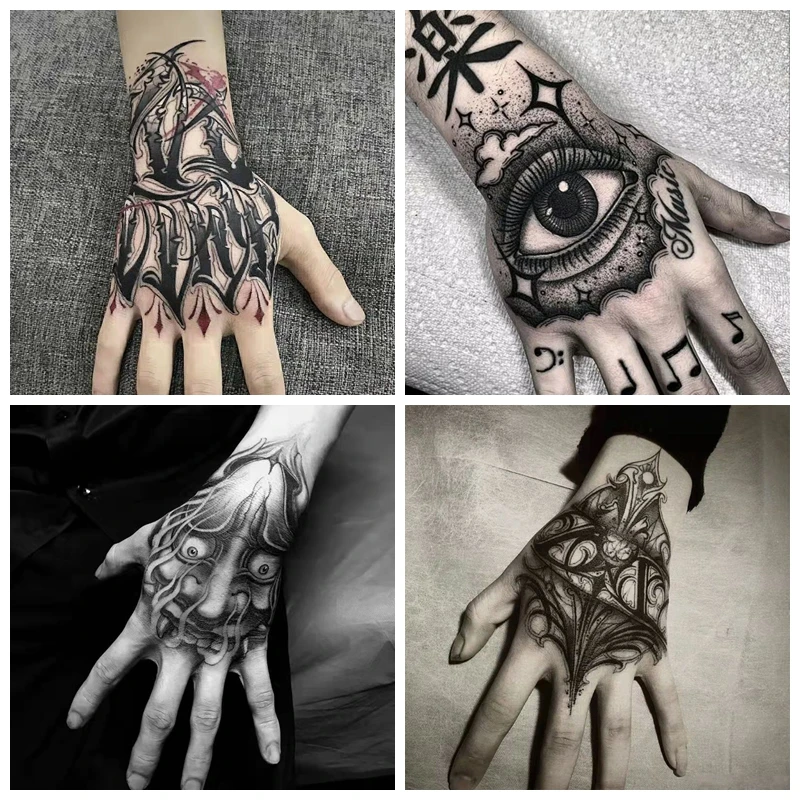 4 teil/los Dark Zurück Hand Wasserdicht Temporäre Fake Tattoo Männlichen Prajna Kühlen Augen Kunst Persönlichkeit Ansatz Halbe Arm Stern Tattoo