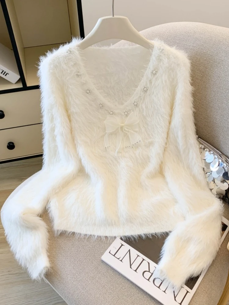 Français Vintage élégant Chic tricot doux pull gilet femmes ample col en v nœud Chic hauts décontracté mode bureau dame pulls en peluche