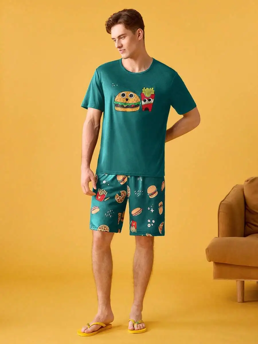 

Mens Funny Cartoon Fast Food Print Pajama Set T-Shirt And Shorts Comfortable Casual Sleepwear