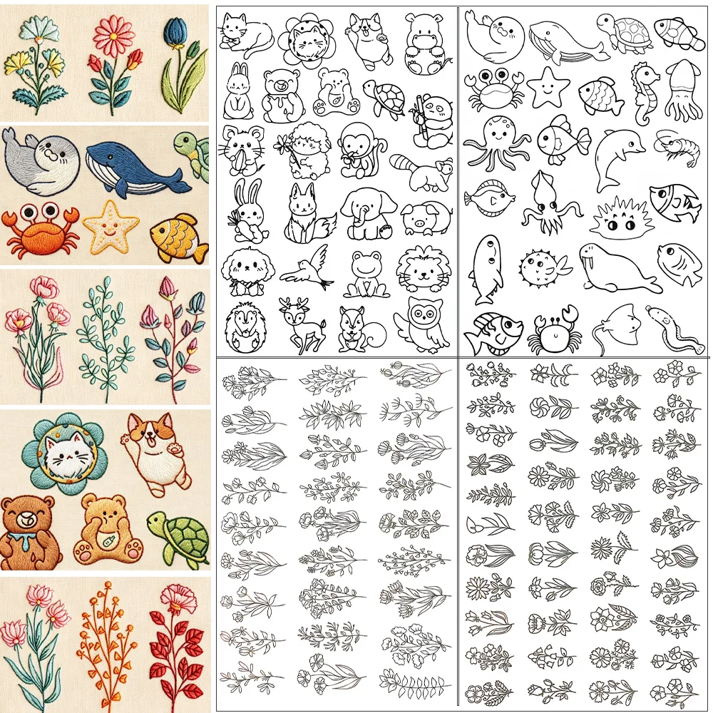 Cute Animal Floral Embroidery Stickers Self Adhesive Water Soluble Fabric Paper Pre-Printed Non-Woven Embroidery Stabilizer DIY