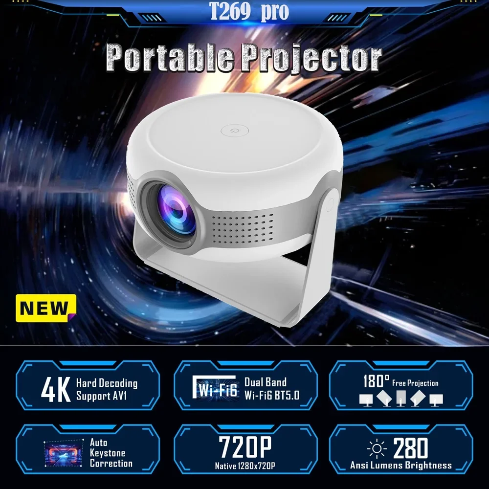 T269pro Android 12.0 Projector Smart Portable HD Mini 4K Proyector 1080P Auto Correction Home Theater Projecteur