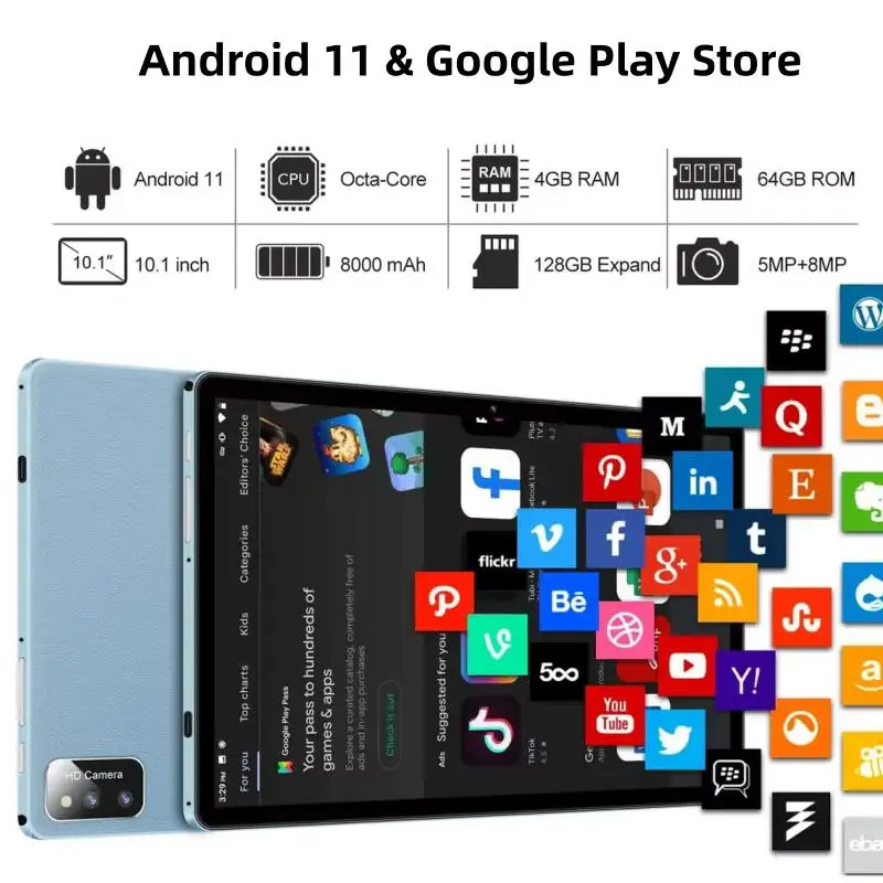 10.1" Android 11 Tablet PC 4GB RAM 64GB ROM 1280*800 IPS Dual Camears WIFI Octa-Core 6000mAh Battery