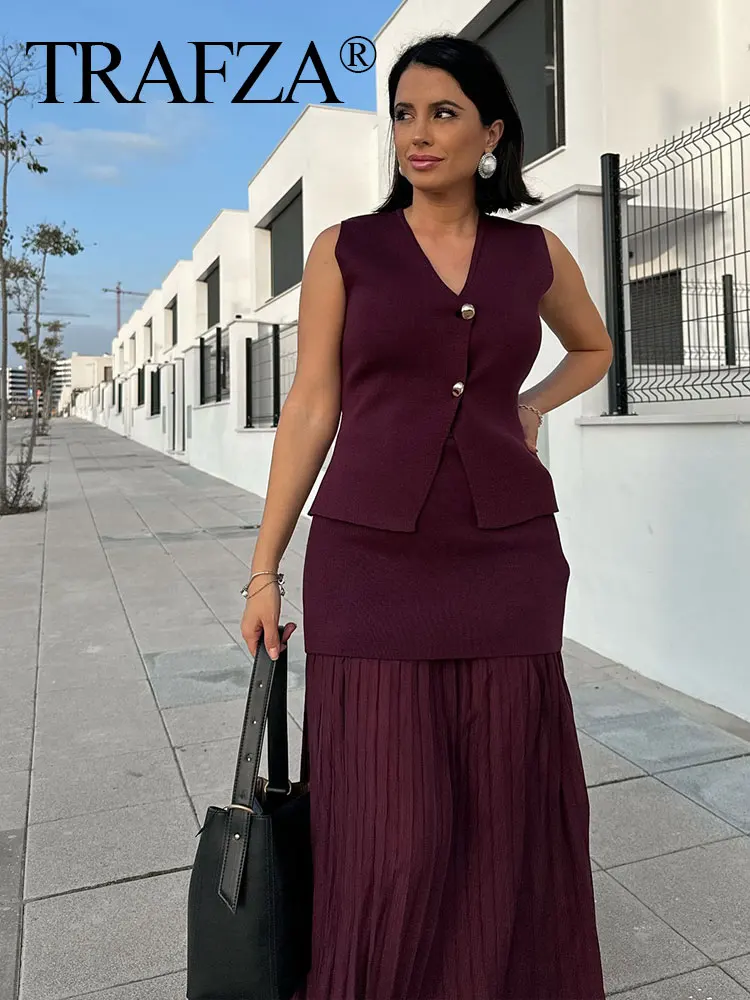 TRAFZA 2024 Women Skirt Set Wine Red Knitted V-Neck Sleeveless Slim Vest +Solid High Waist Zipper Patchwork Long Skirt Street