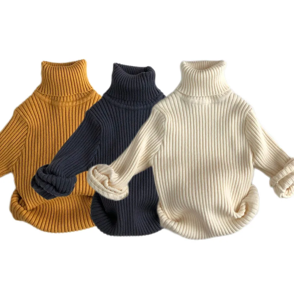 Baby Tops Children Turtleneck Knitwear Boys Girls Korean Autumn Clothes Kids White Green Brown Jersey Ribbed Jumpers 1-8 Years