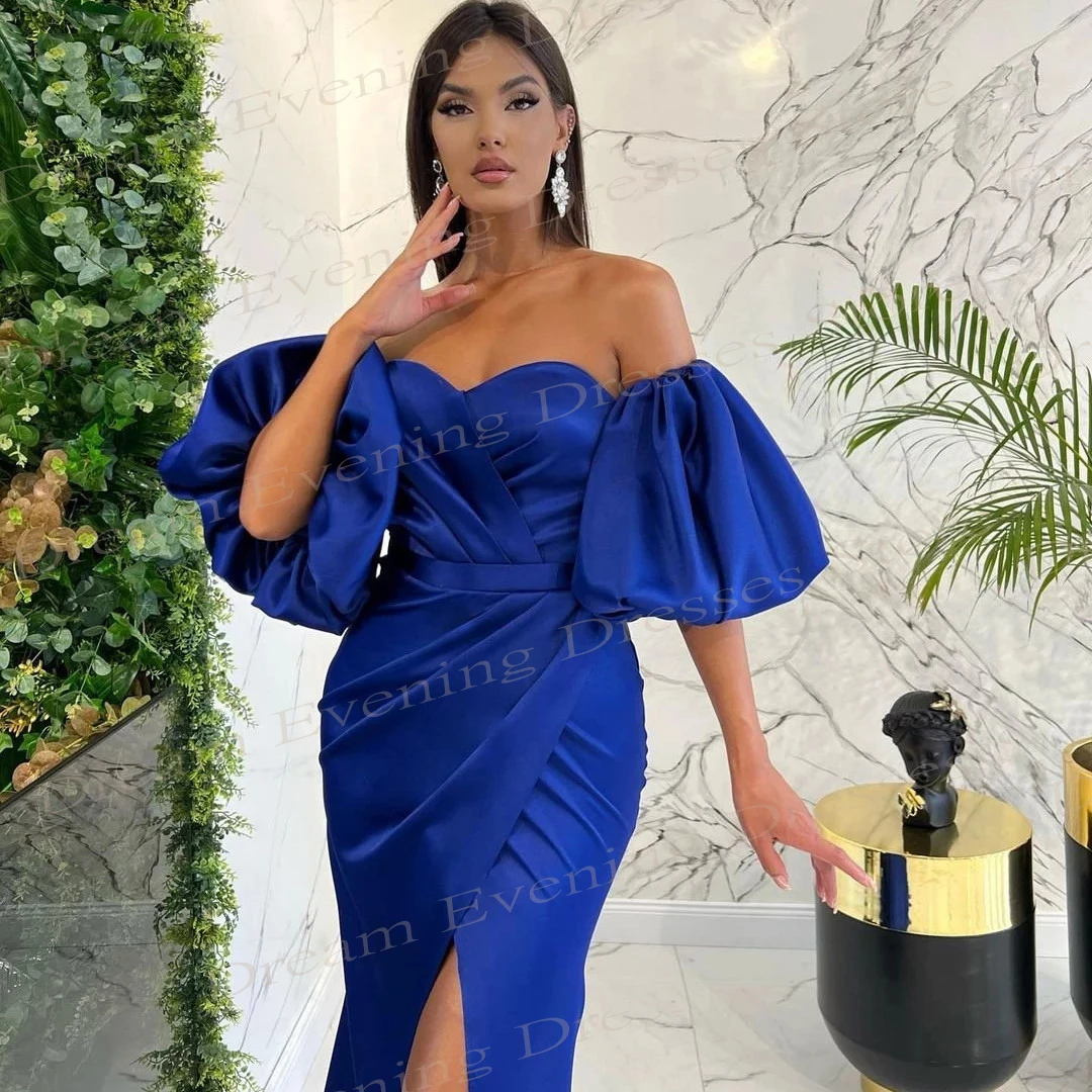 2024 New Simple Navy Blue Women's Mermaid Sexy Evening Dresses Modern Lantern Sleeve Sweetheart Prom Gowns Split Vestido Festa