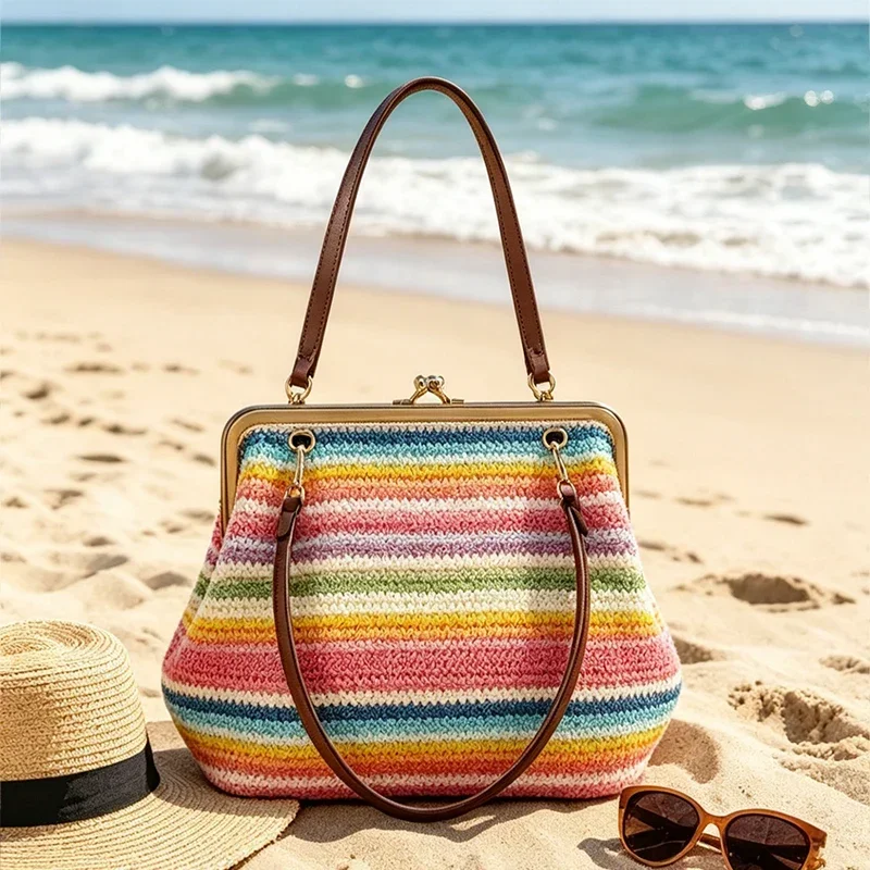 Fashion Multicolor Kiss Lock Clutch Bag Pink Striped Woven Purse Handbag Shoulder Crossbody Vintage Evening Party Top Handle
