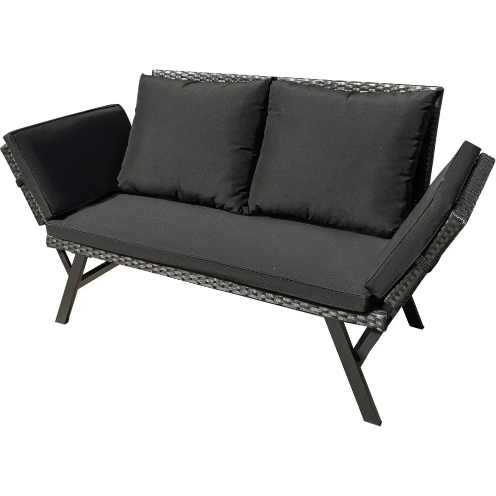 

Outdoor Sofa, Woven Rattan Patio Furniture, Convertible Daybed or Double Chair, Adjustable Armrests, Cushions, Pillows