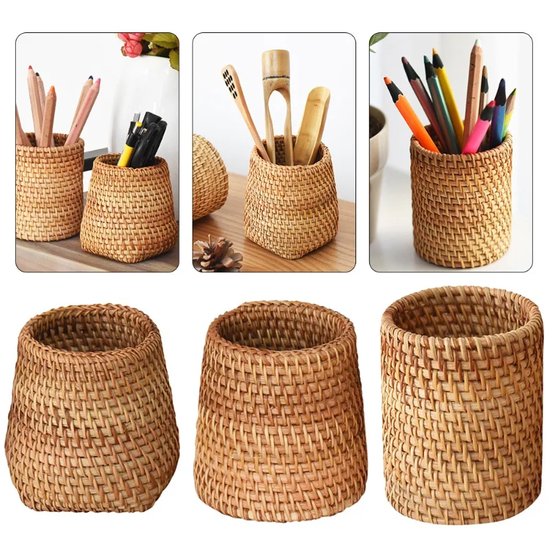 Caixa de armazenamento de rattan artesanal caneta cosmética titular acessórios de cerimônia de chá utensílios de mesa decoração de armazenamento