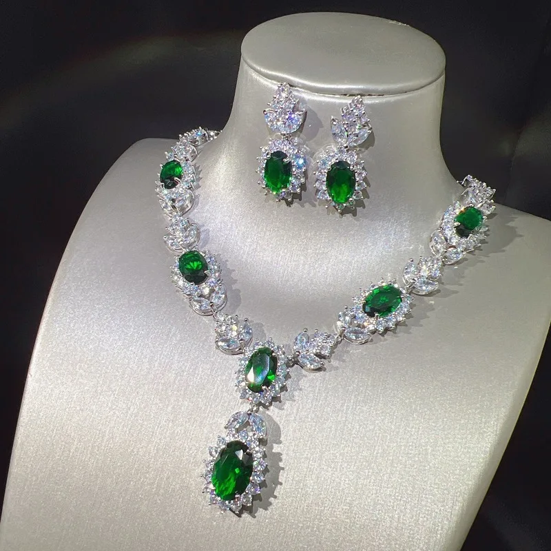 Exquisite Emerald Crystal S925 Silver Wedding Necklace Earring Inlaid Sparkling AAA Zircon for Women Engagement Jewelry Sets