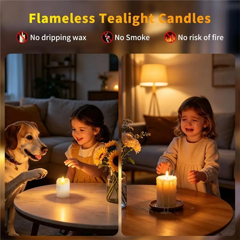 B97A-Remote Timer Controlled LED Flameless Tea Light With Charging Base, 6 Pcs Rechargeable Battery Operated Flickering Tea Ligh