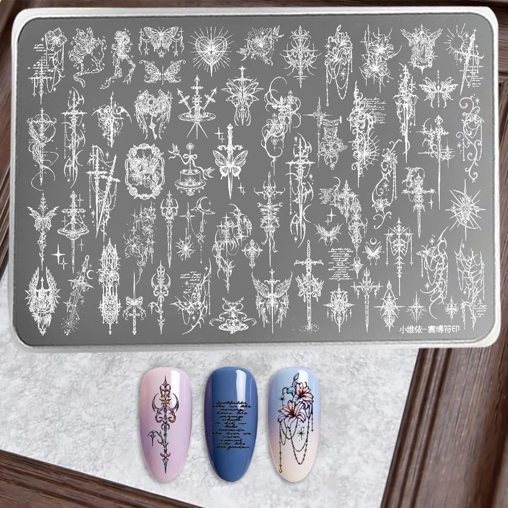Gothic Nail Art Stempelplatte Barock Punk Kreuz Schwert Fantasie-Motive 14,5x9,5cm Edelstahl-Schablone Vintage-Bildwerkzeug – Detail 4