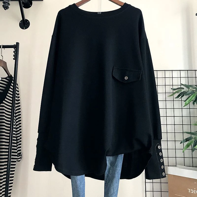 

plus Size 300 Pounds Autumn Long Sleeve Loose Women's T-Shirt Base Shirt Mid-Length Korean Style round Neck Casual Top