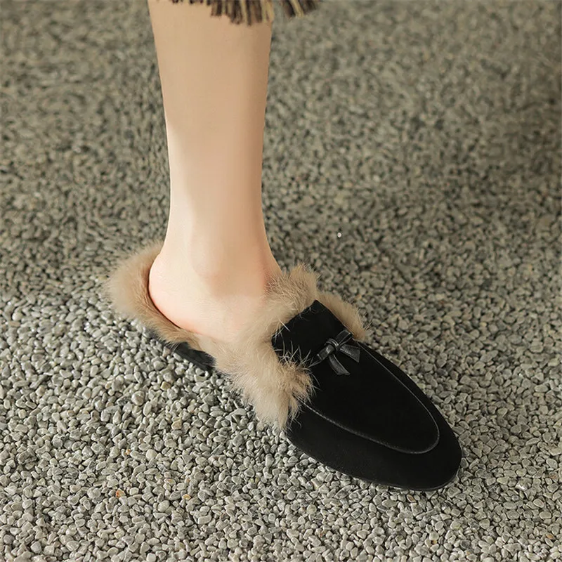 2023 Winter Sheep Suede Women Shoes Rabbit Hair Mules Shoes for Women Round Toe Slippers Chunky Heel Cover Toe Slippers Shoes