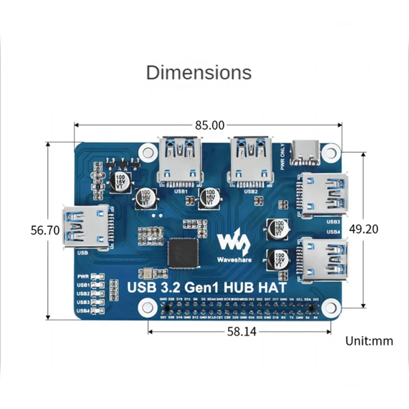 USB 3.2 Gen1 HUB HAT for 4B 3B+ 3B 2B Zero W WH,4-Channel USB 3.0 Expansion Port, Driver-Free Plug&Play