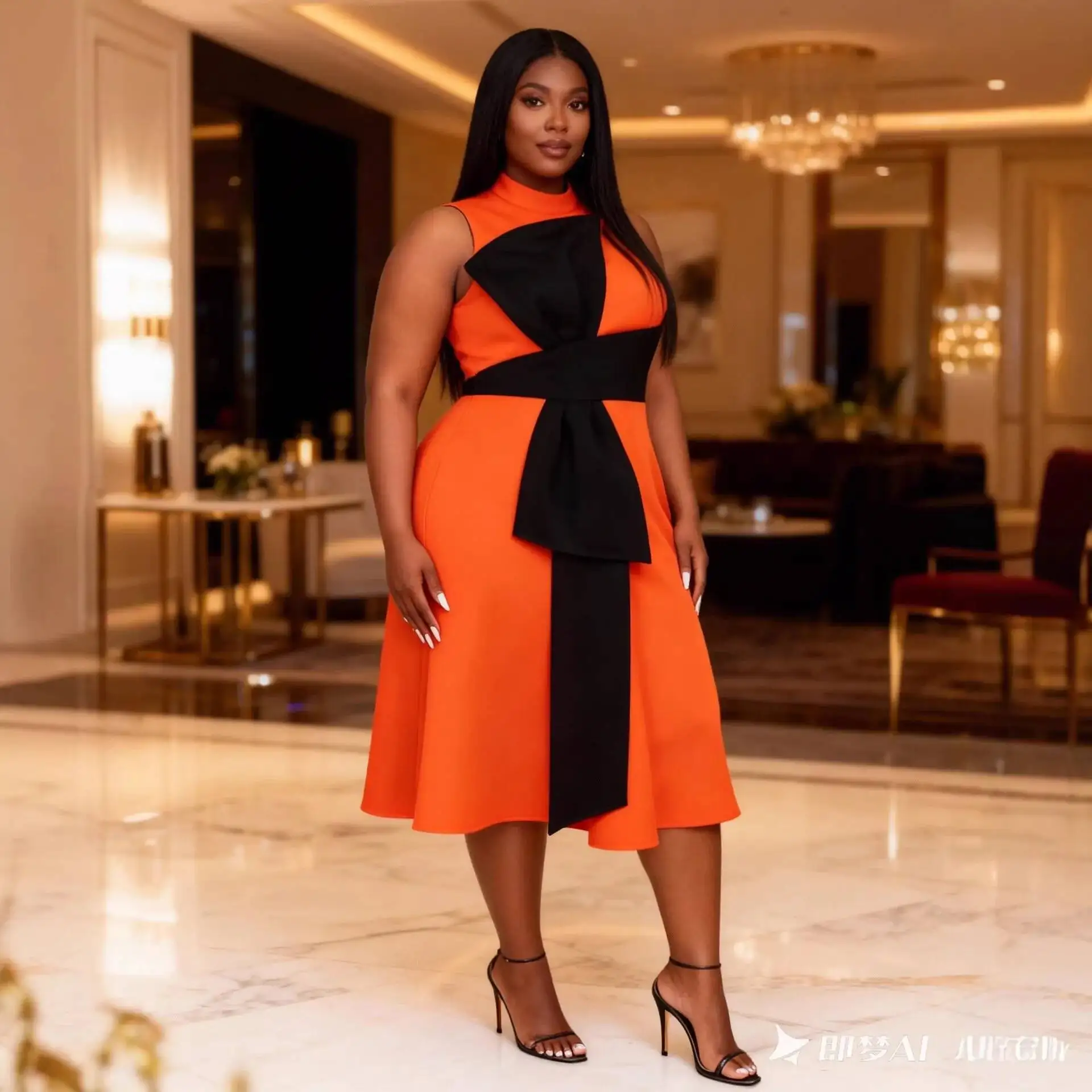 Plus-size Women's Dress With Contrasting Color Bow, Sleeveless, Waist-cinching, Slimming, Fishtail, Bodycon, Elegant Party Dress