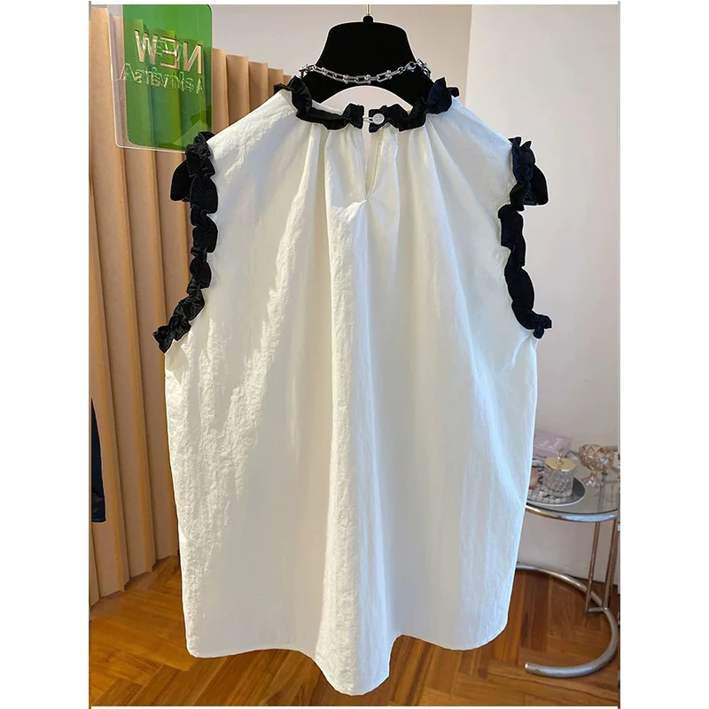 Chemises coréennes sans manches à volants pour femmes, Patchwork coréen, col rond, chemisier sans manches, ample et plissé, haut en Jacquard, nouvelle collection été 2025