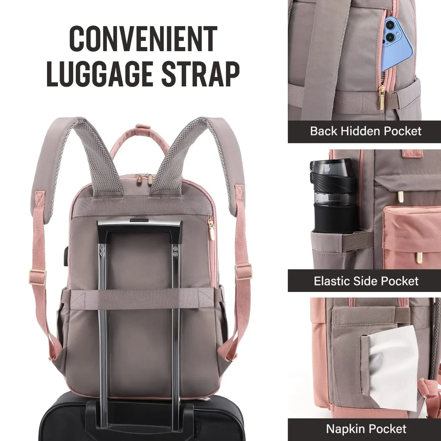 Sac à dos de voyage pour femme, chargement USB, sac à main léger pour ordinateur portable, sacs d'école pour filles, valise multifonctionnelle, sacs à dos à la mode