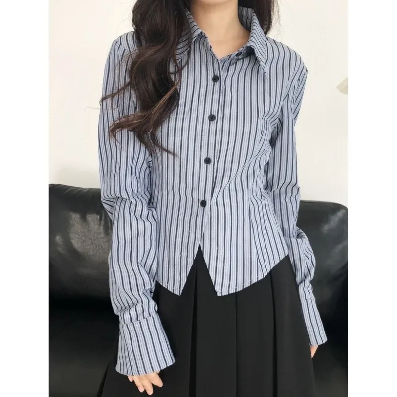 

QWEEK Stripe Youthful Long Sleeve Shirt Woman Preppy Button Up Blouses Korean Fashion Y2k Vintage Casual Chic Aesthetic 2024