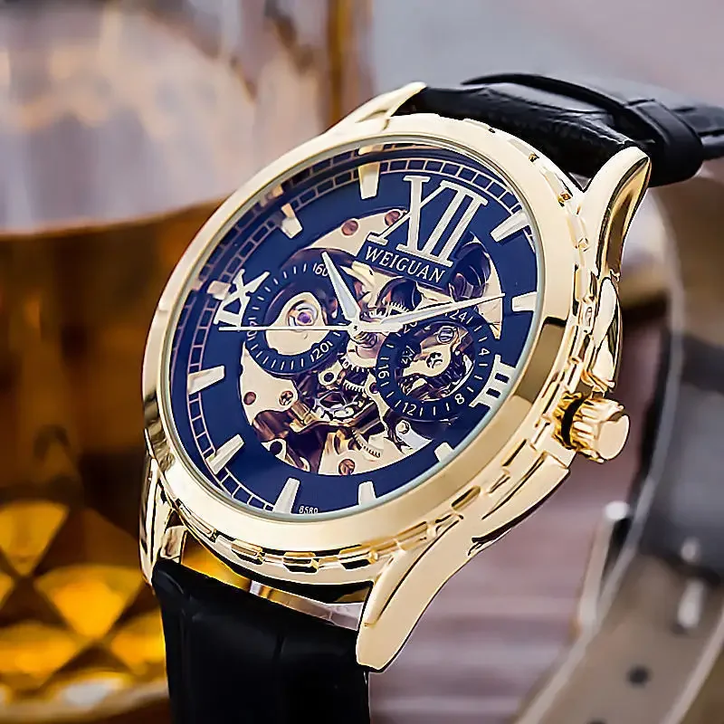 Luxury Mens Mechanical Watch Automatic Movement Hollow Out Luminous Watchs Business Fashion Leather Strap for Men Reloj Hombre