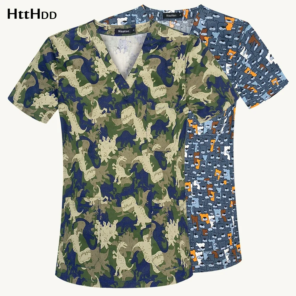 Mannen Camouflage Dinosaurus Patroon Hoge Kwaliteit Groothandel Scrub Top Dierenarts Unisex Cartoon Medische Uniform Korte Mouwen Tops