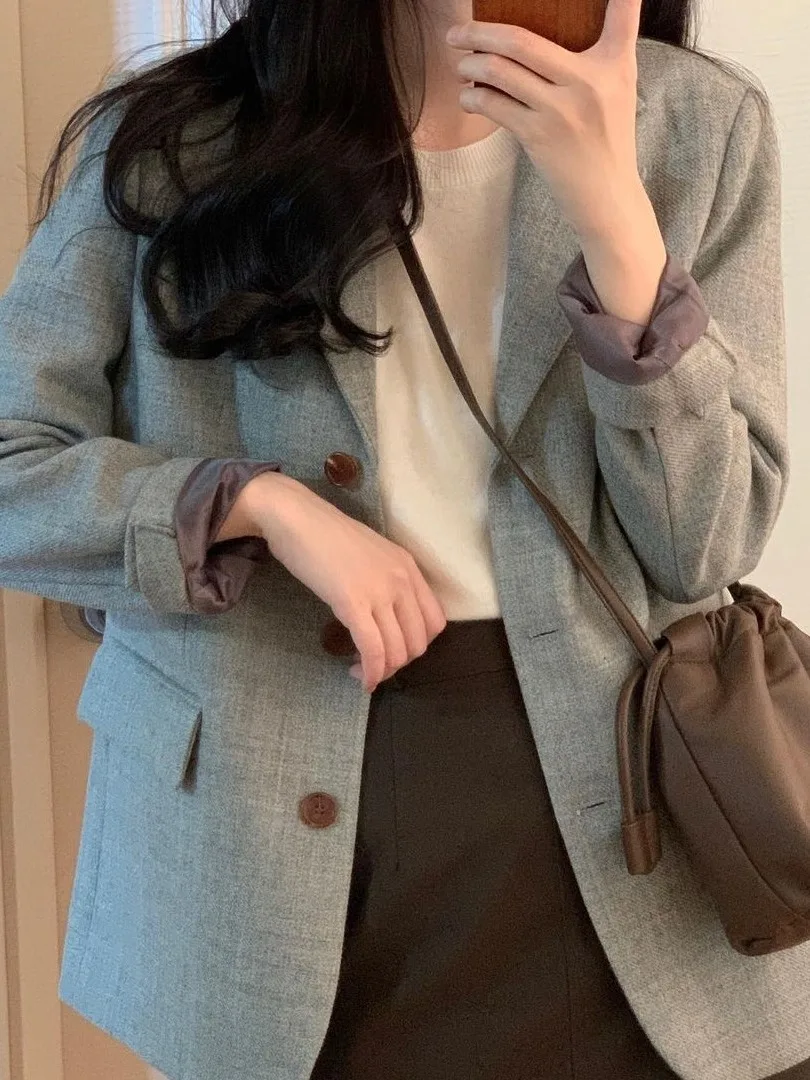 

Early Autumn Single-Button Long-Sve Women's Suit Jaet Retro Ele Korean Sle Commute Faion Small Size Versatile De...