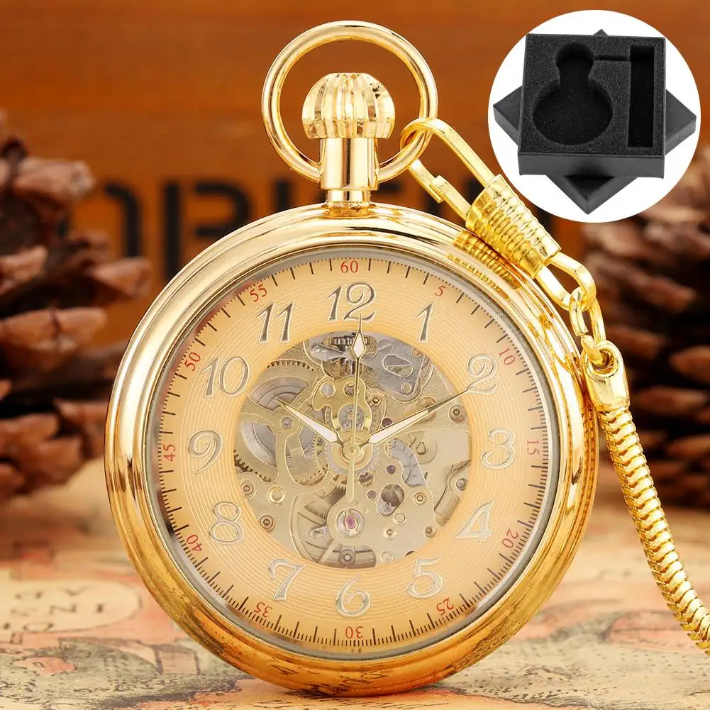 Luxury Gold/Silver Copper Mechanical Self Winding Pocket Watch Arabic Numerals Open Face Snake Type Fob Chain Timepiece Gift