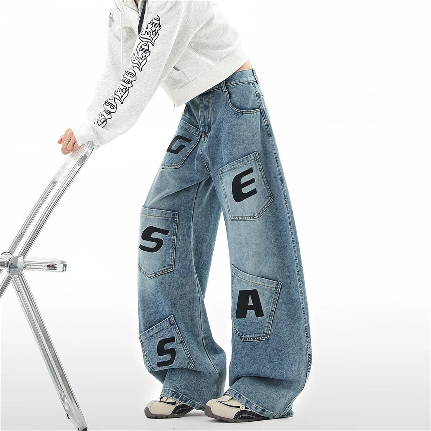 Damen-Jeans mit hoher Taille, weitem Bein, hellblau, Patchwork-Tasche, Buchstabendruck, Vintage-Y2K-Streetwear-Denim-Hose