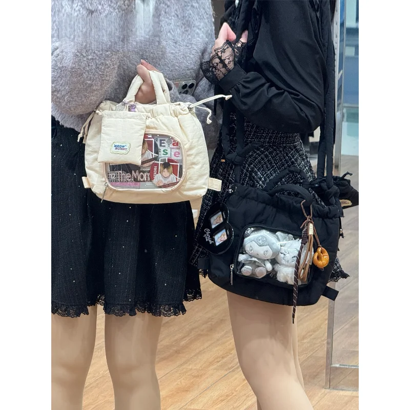 Black Padded Ita Crossbody Bag, Clear Window Tote with Mini Pouch, Soft Cloud Style Shoulder Handbag for Pin & Doll Display