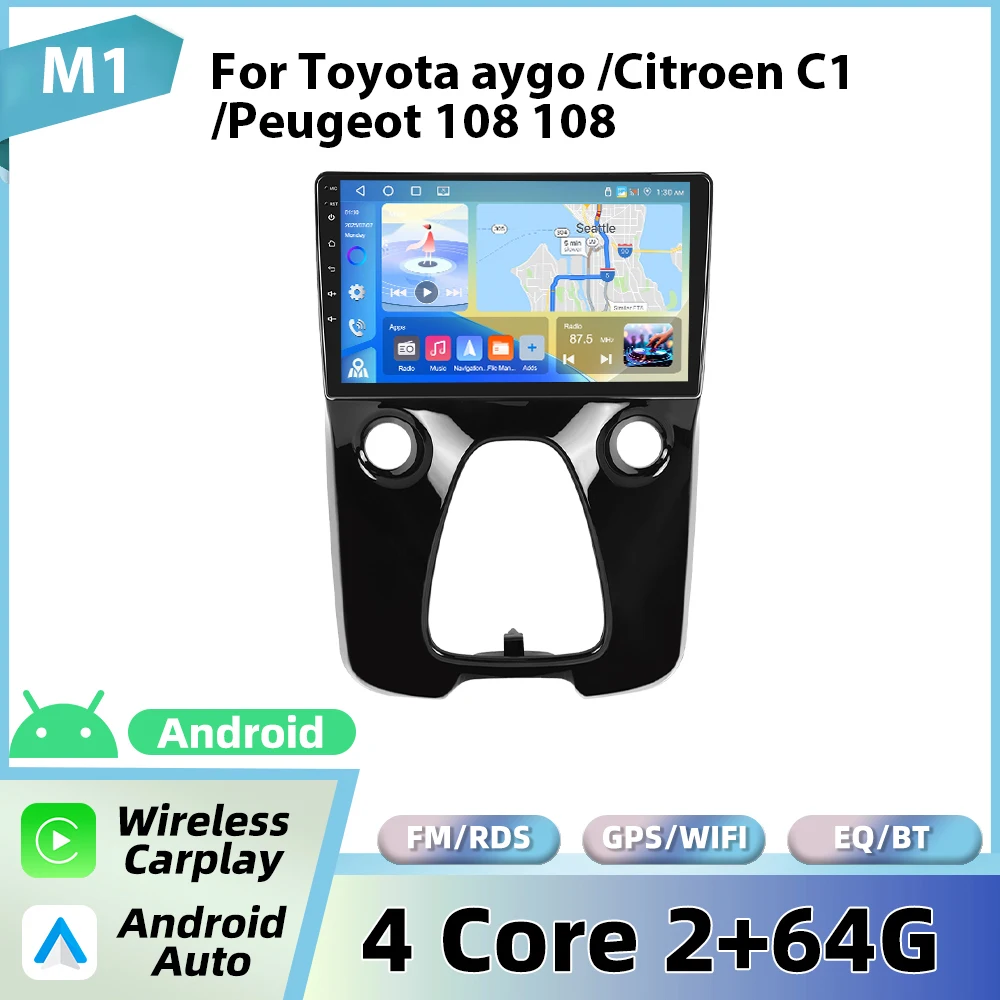 Podofo 10'' autoradio voor Toyota Aygo 2015/Citroën C1 2020/Peugeot 108 draadloze CarPlay Android autoradio WIFI GPS 2din radio