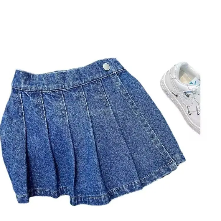 Girls Denim Skirts Vintage Girls\' pleated skirt 2024 new summer Teenageculottes fake two children\'s skirts and shorts girls