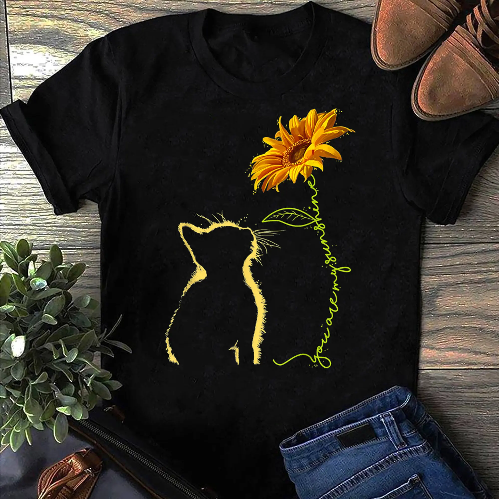Cat You Are My Sunshine Sunflower Print Tee Unisex Short Sleeve Cute Gift Tops For Cat Lovers Casual Daily Street Fashion