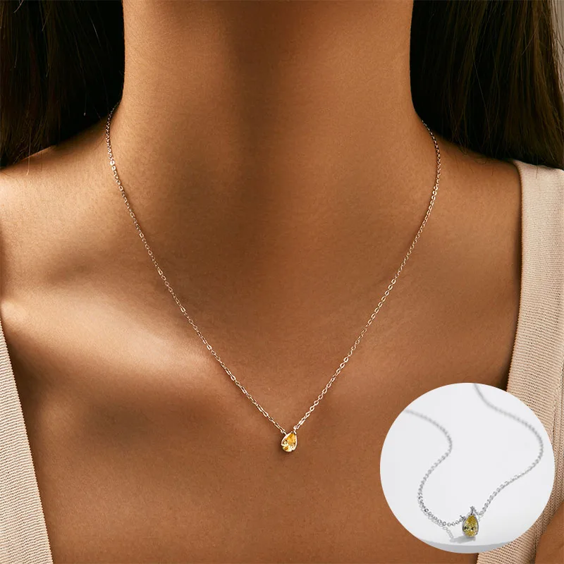 

100% 925 Sterling Silver Zircon Geometric Necklace for Women Girl Water Drop Fine Chain Design Jewelry Party Gift Dropshipping