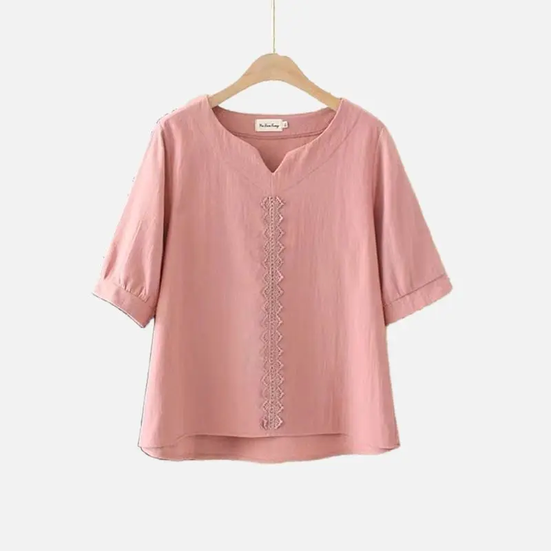 Casual Vintage Solid Color Women\'s T-shirt  Summer Fashionable Commute Short Sleeve Embroidery Patchwork Tops Female Clothin