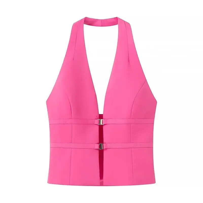 Summer Sexy Hot Pink Halter V-Neck Backless Crop Top Women's Sleeveless Buckle Strap Vest Top for Date Night & Clubwear