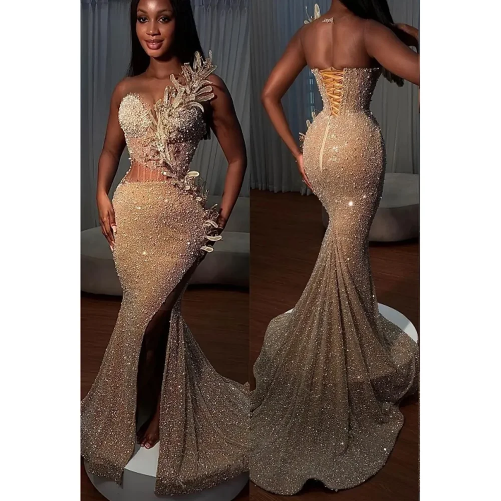 Luxury Flower Sequined Evening Dresses Elegant Sweetheart Sleeveless Mermaid Gowns Fashion Side Split Women Party Prom Dresses