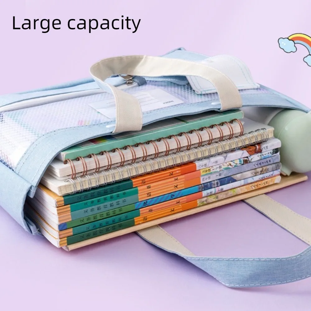 Large Capacity Stationery Storage Bag Foldable Carrying Student Book Pouch Tote Bag Candy Color Student Class Handbag