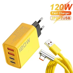 120W Fast Charger 4 Ports Type-C Quick Charge 3.0 Phone Adapter EU/US Plug 6A Fast Charging Cable For Samsung iPhone Xiaomi OPPO