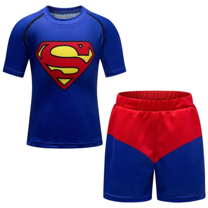 T-shirt tendance à col rond avec motif logo Superman super populaire, ensemble sportif pour enfants à séchage rapide Justice et Obscurité