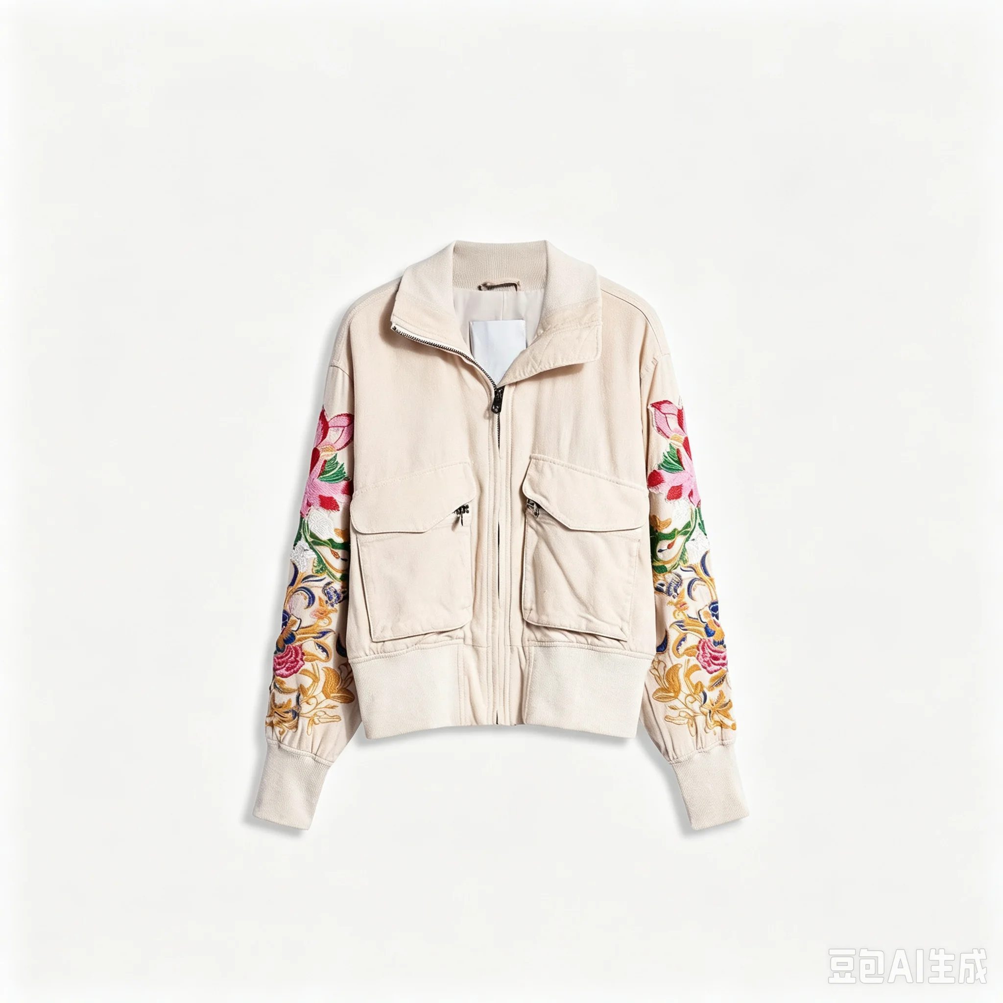Spanish original women's loose beige floral embroidery stand up collar light luxury short jacket