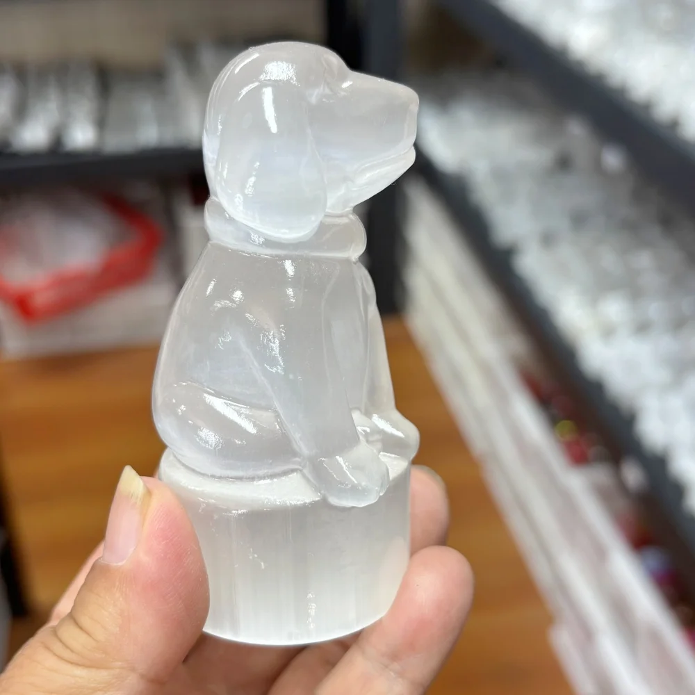Natural Selenite Dog Figurine Hand‑Carved Crystal Puppy Statue Reiki Healing Stone Home Desk Decoration Animal Collectible Gift